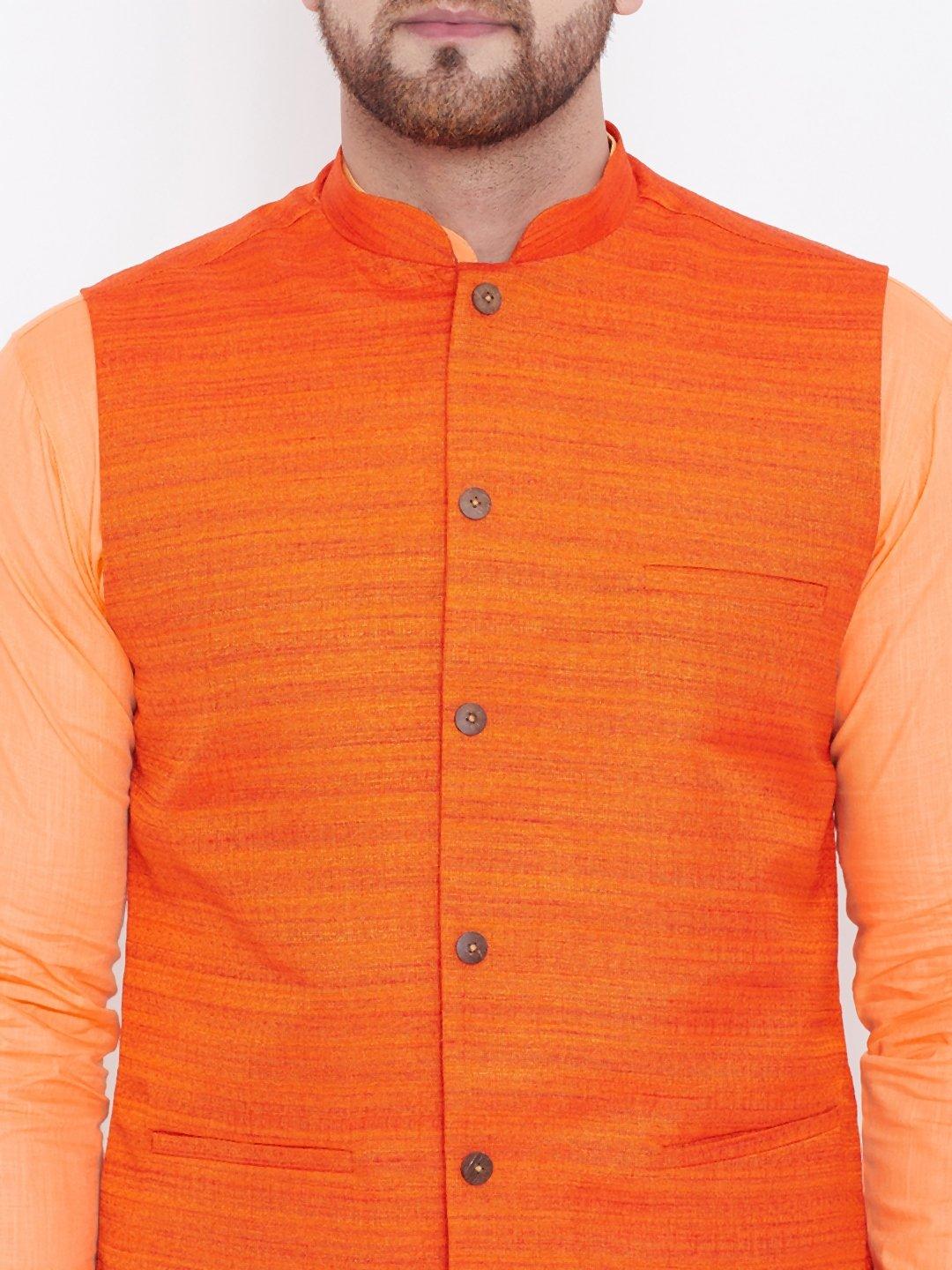 Men's Orange, Fawn And White Cotton Blend Jacket, Kurta and Pyjama Set - Vastramay - Indiakreations