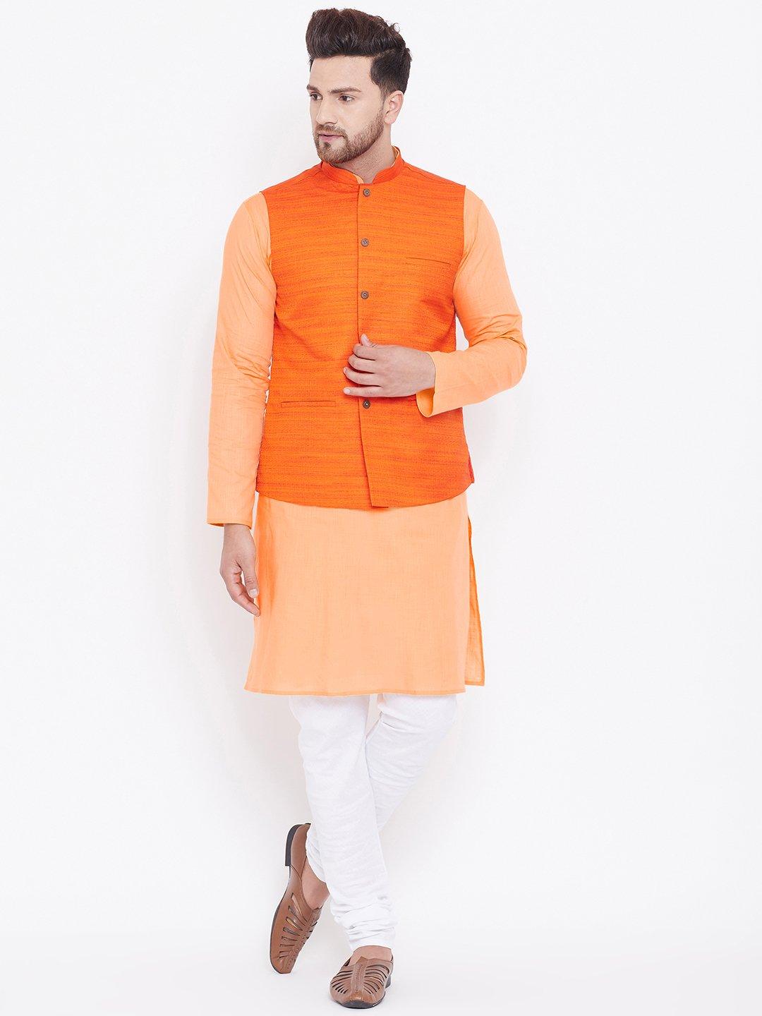 Men's Orange, Fawn And White Cotton Blend Jacket, Kurta and Pyjama Set - Vastramay - Indiakreations