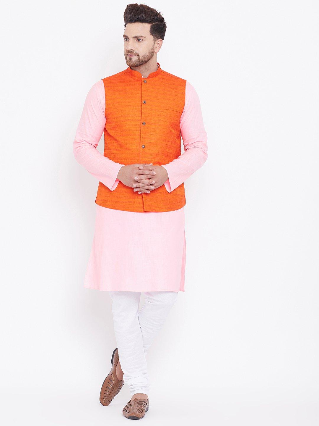 Men's Orange, Pink And White Cotton Blend Jacket, Kurta and Pyjama Set - Vastramay - Indiakreations