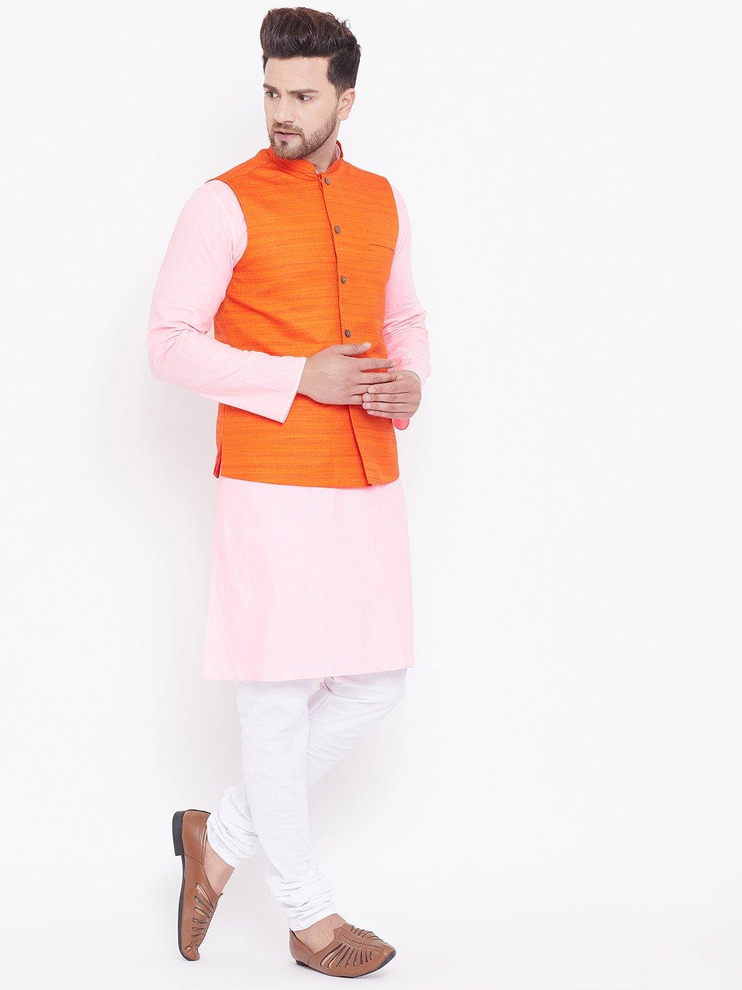 Men's Orange, Pink And White Cotton Blend Jacket, Kurta and Pyjama Set - Vastramay - Indiakreations