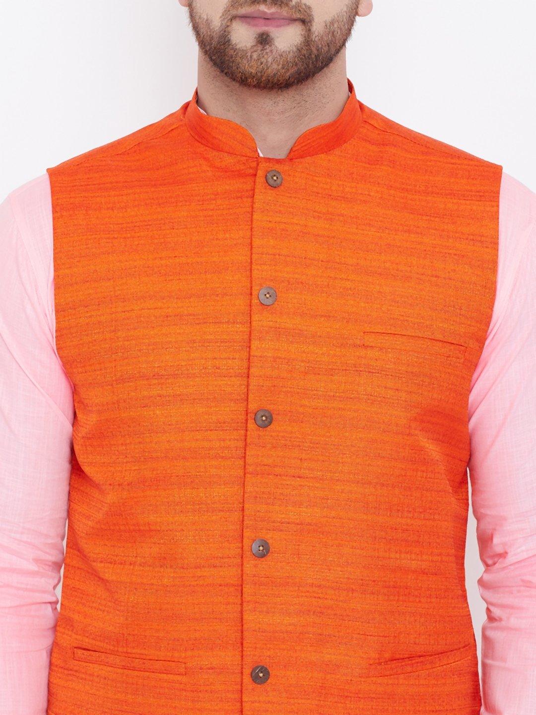 Men's Orange, Pink And White Cotton Blend Jacket, Kurta and Pyjama Set - Vastramay - Indiakreations