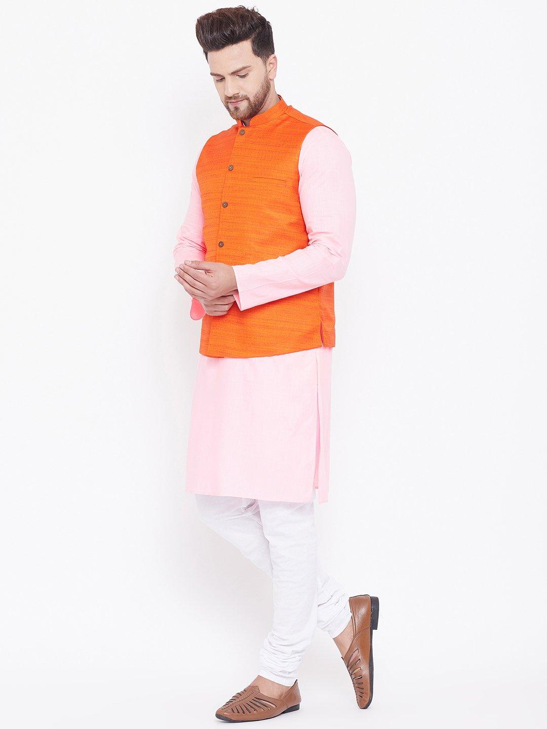 Men's Orange, Pink And White Cotton Blend Jacket, Kurta and Pyjama Set - Vastramay - Indiakreations