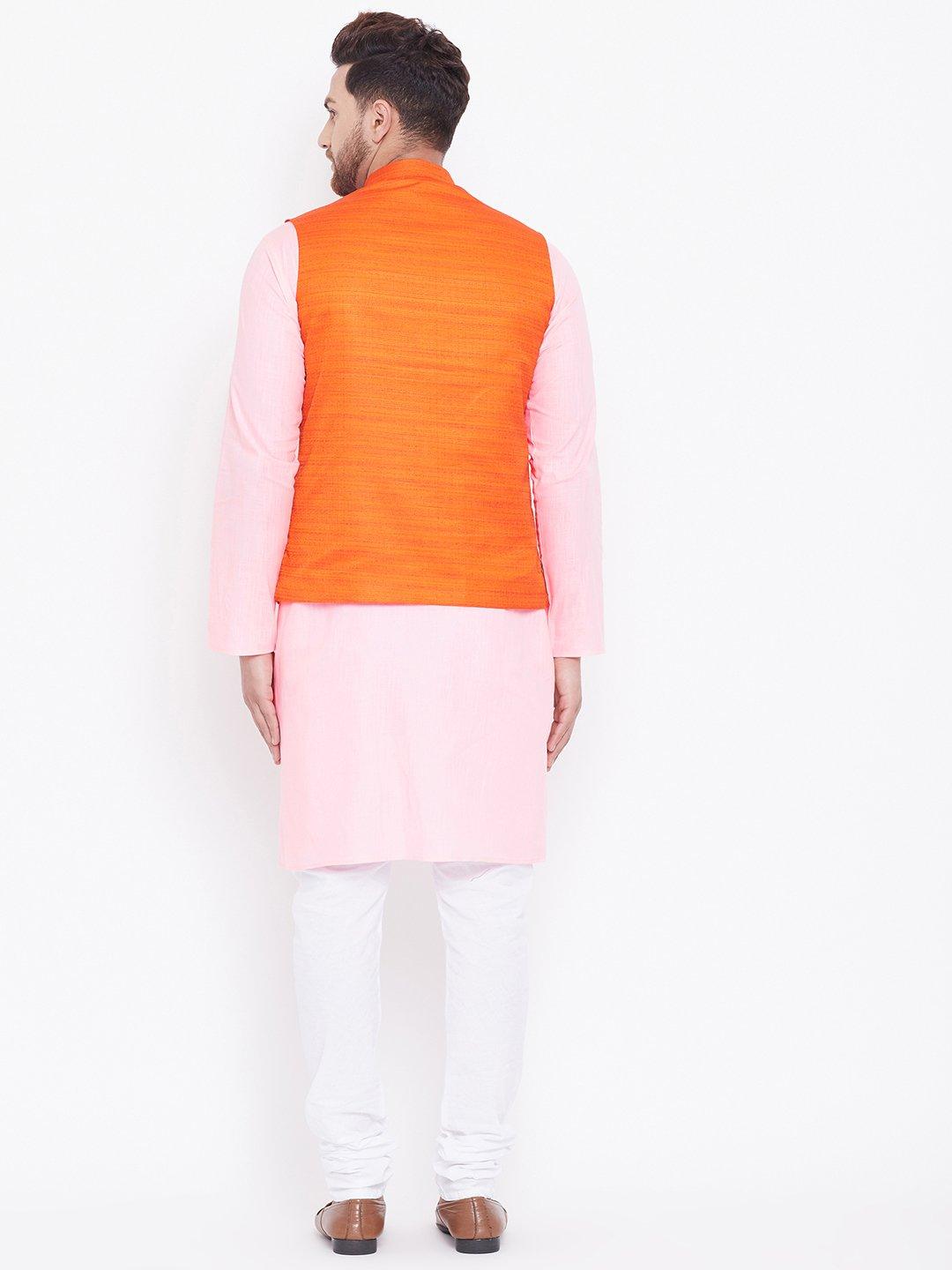 Men's Orange, Pink And White Cotton Blend Jacket, Kurta and Pyjama Set - Vastramay - Indiakreations