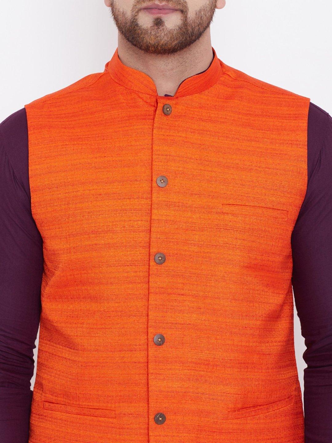 Men's Orange, Purple And White Cotton Blend Jacket, Kurta and Pyjama Set - Vastramay - Indiakreations