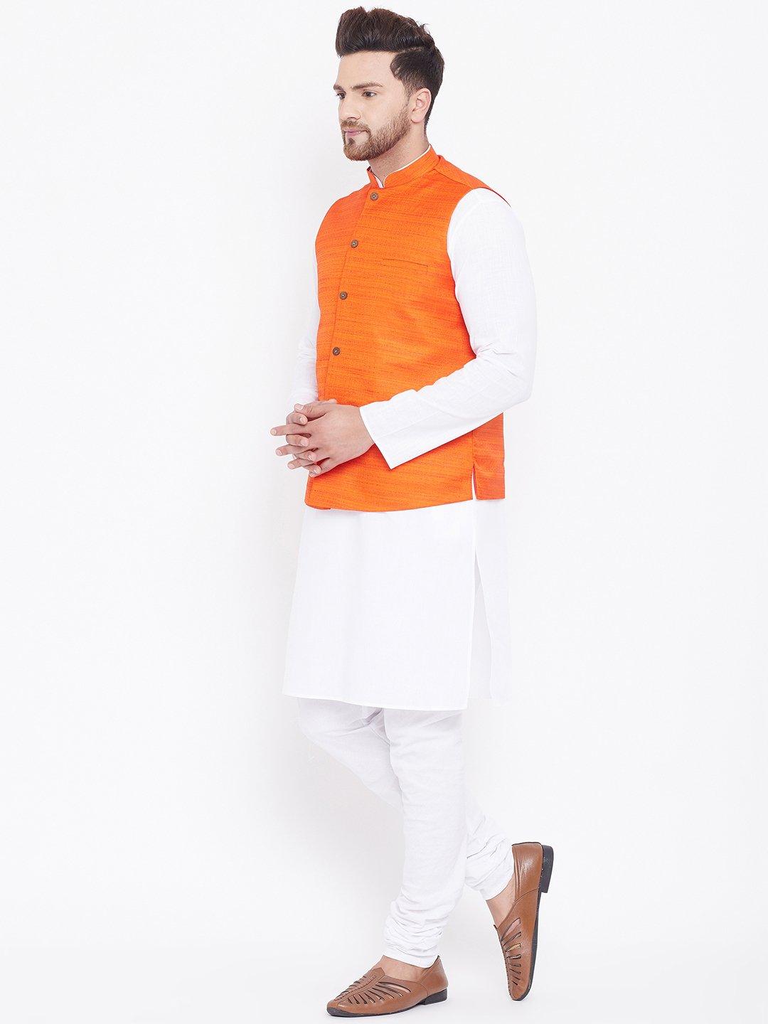 Men's Orange And White Cotton Blend Jacket, Kurta and Pyjama Set - Vastramay - Indiakreations