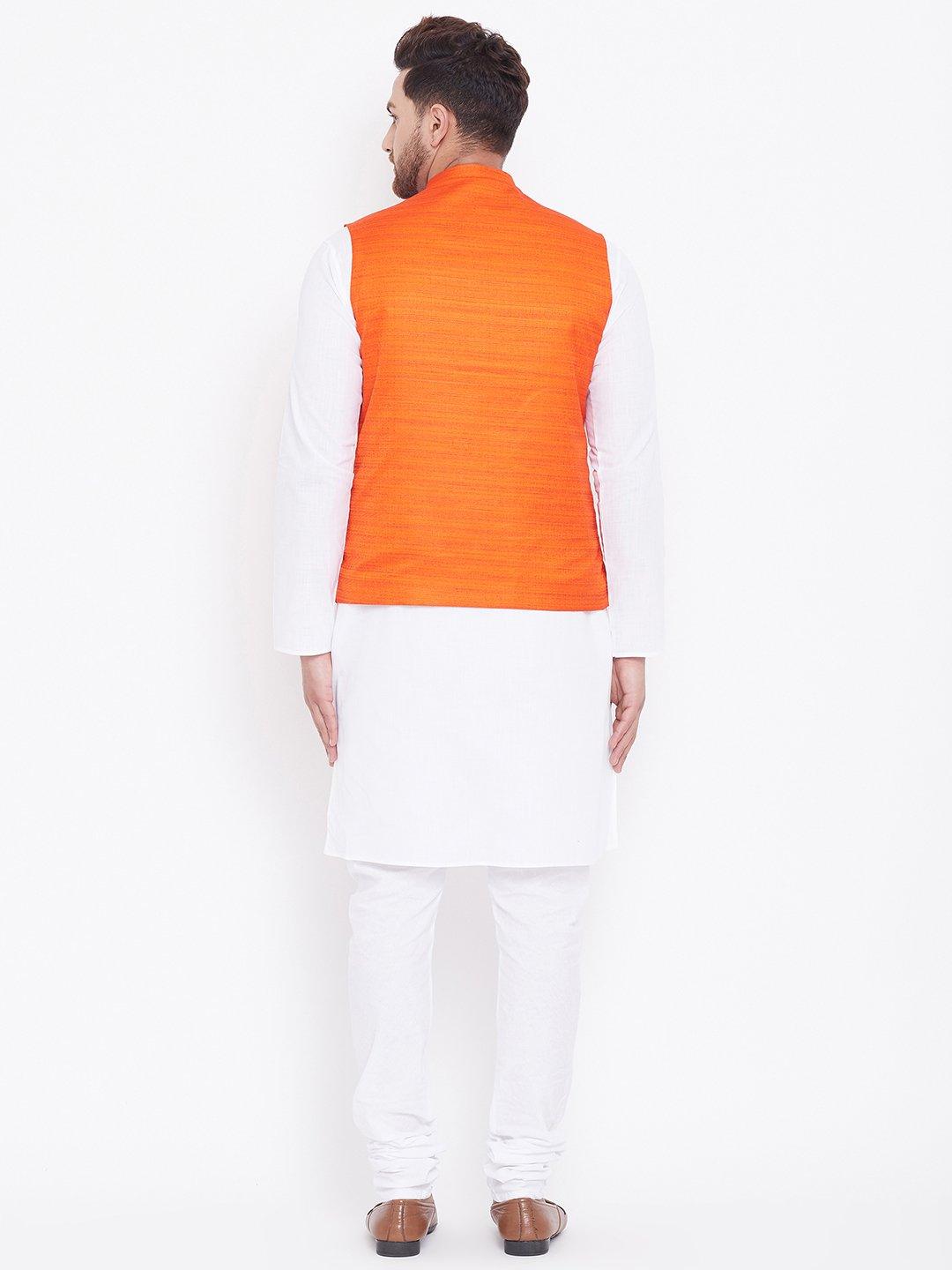 Men's Orange And White Cotton Blend Jacket, Kurta and Pyjama Set - Vastramay - Indiakreations