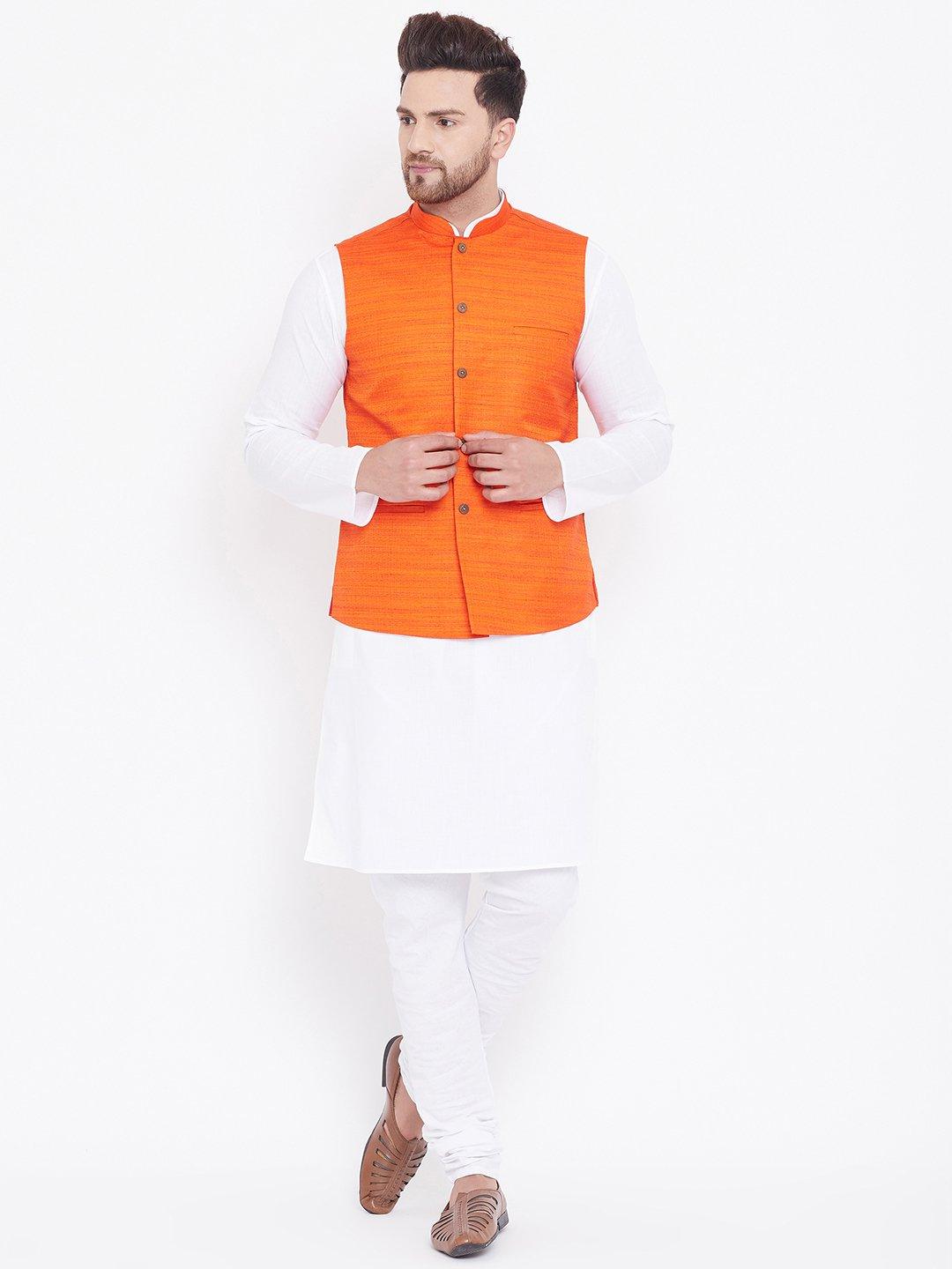 Men's Orange And White Cotton Blend Jacket, Kurta and Pyjama Set - Vastramay - Indiakreations