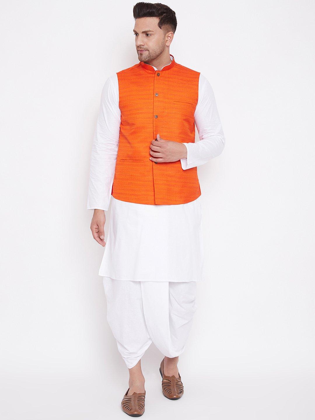 Men's Orange And White Cotton Blend Jacket, Kurta and Dhoti Set - Vastramay - Indiakreations