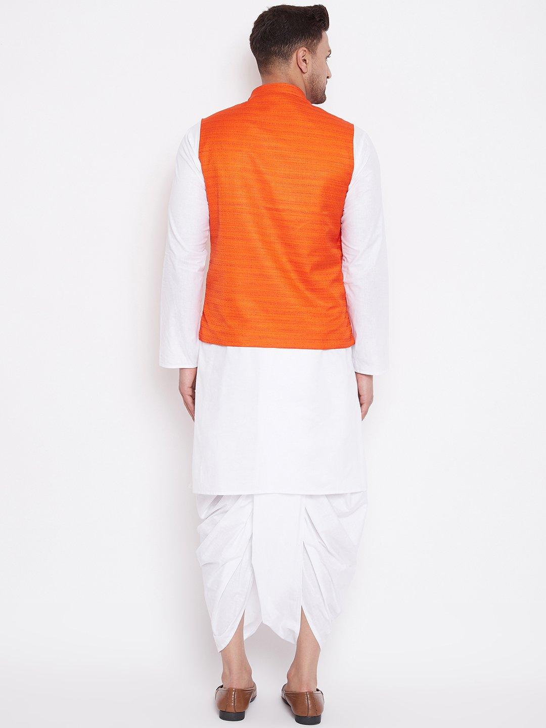 Men's Orange And White Cotton Blend Jacket, Kurta and Dhoti Set - Vastramay - Indiakreations