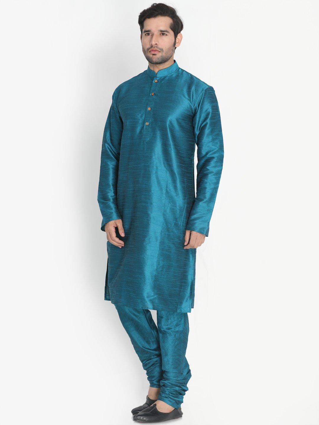 Men's Dark Green Silk Blend Kurta and Pyjama Set - Vastramay - Indiakreations