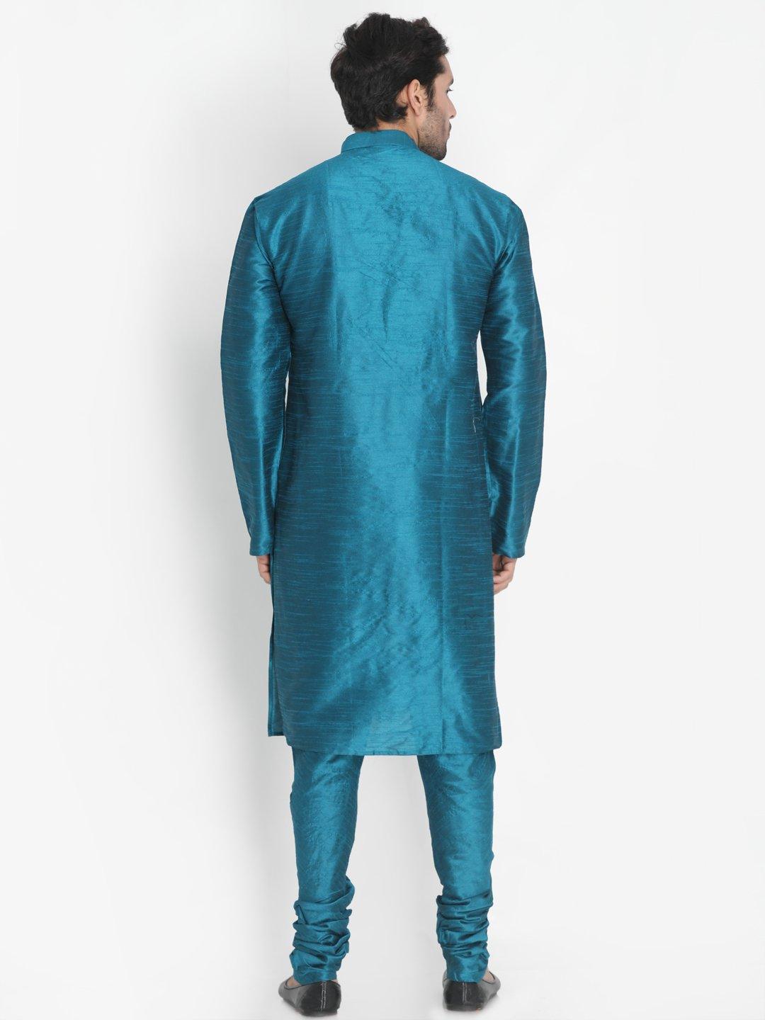 Men's Dark Green Silk Blend Kurta and Pyjama Set - Vastramay - Indiakreations