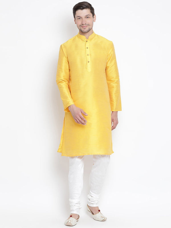 Men's Yellow Cotton Silk Blend Kurta and Pyjama Set - Vastramay