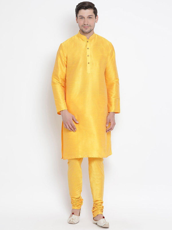 Men's Yellow Cotton Silk Blend Kurta and Pyjama Set - Vastramay - Indiakreations