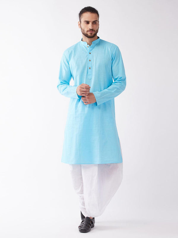 Men's Aqua Blue And White Cotton Blend Kurta And Dhoti Set - Vastramay - Indiakreations
