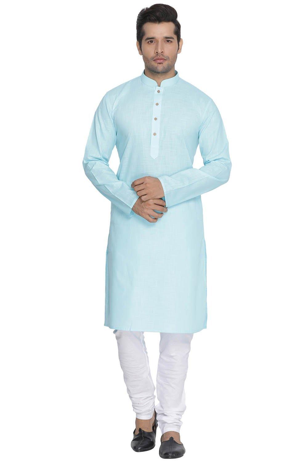 Men's Light Blue Cotton Linen Blend Kurta and Pyjama Set - Vastramay - Indiakreations