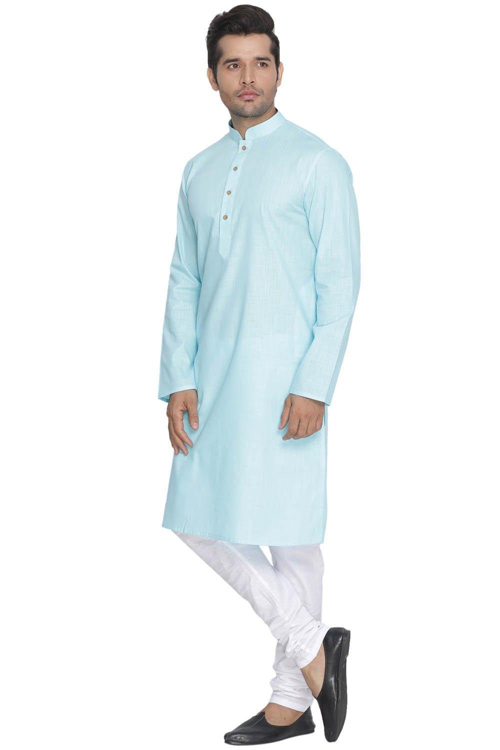 Men's Light Blue Cotton Linen Blend Kurta and Pyjama Set - Vastramay - Indiakreations