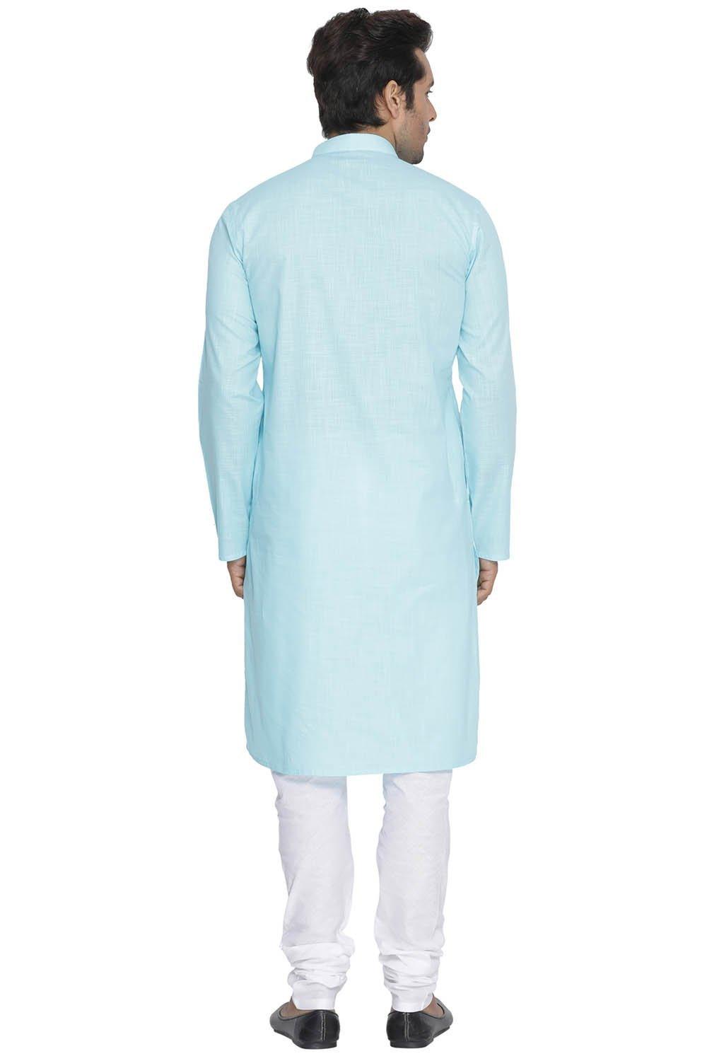 Men's Light Blue Cotton Linen Blend Kurta and Pyjama Set - Vastramay - Indiakreations