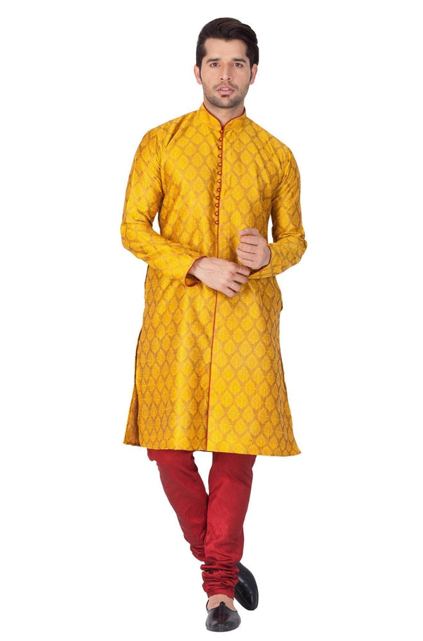Men's Yellow Cotton Silk Blend Kurta and Pyjama Set - Vastramay - Indiakreations