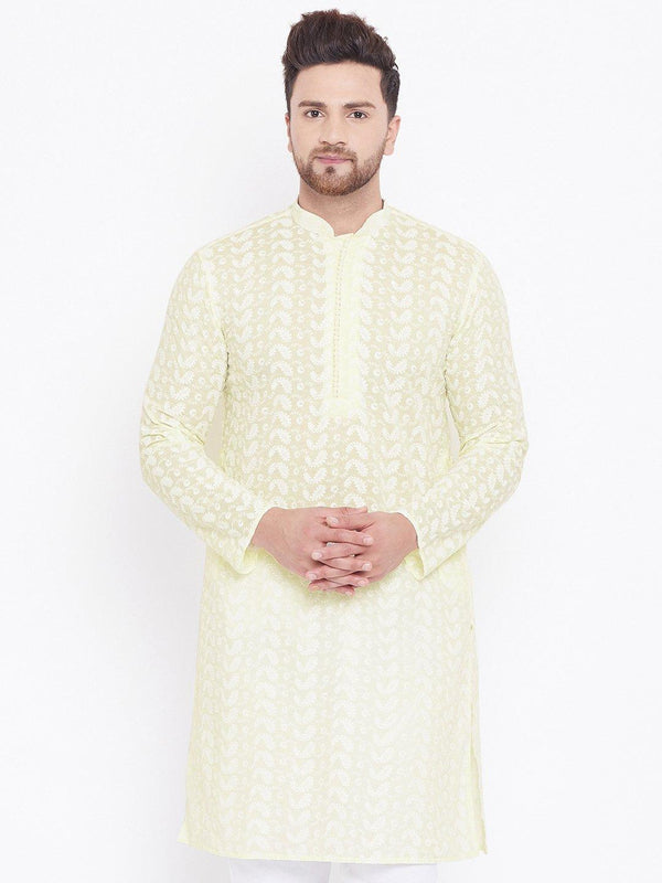 Men's Yellow Pure Cotton Chikankari Kurta - Vastramay - Indiakreations