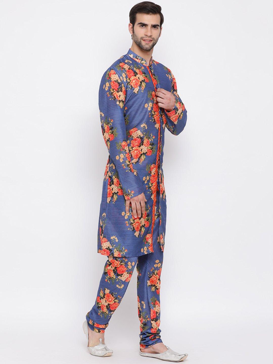 Men's Blue Floral Printed Kurta Pyjama Set With Leharia Border - Vastramay - Indiakreations