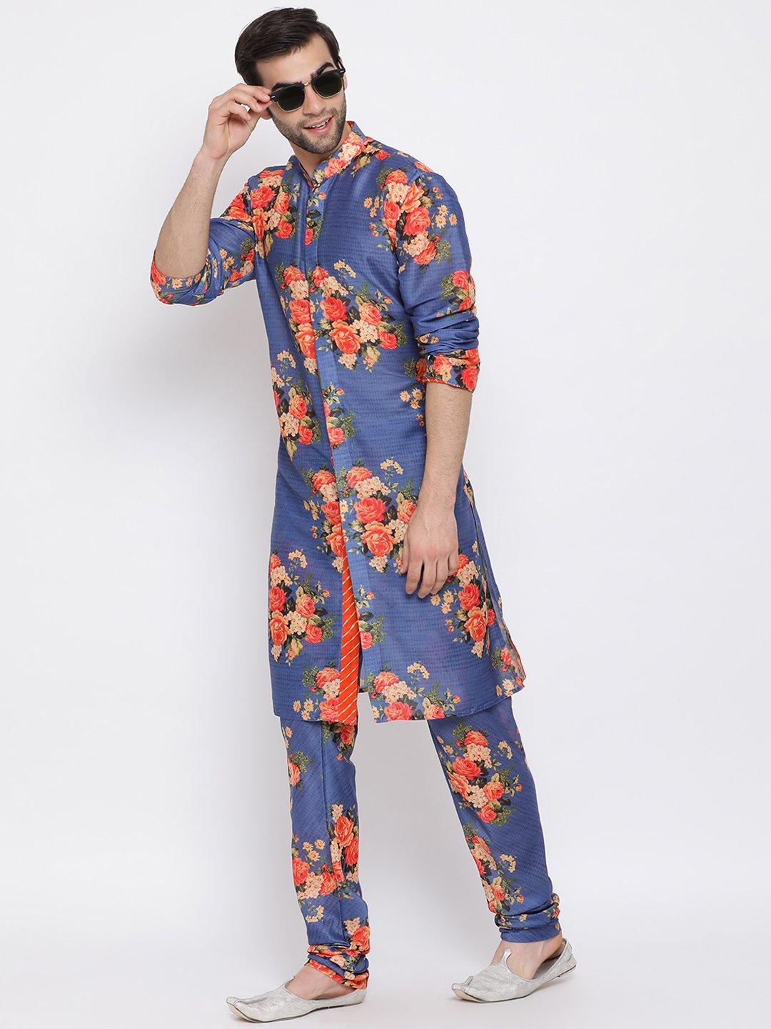 Men's Blue Floral Printed Kurta Pyjama Set With Leharia Border - Vastramay - Indiakreations