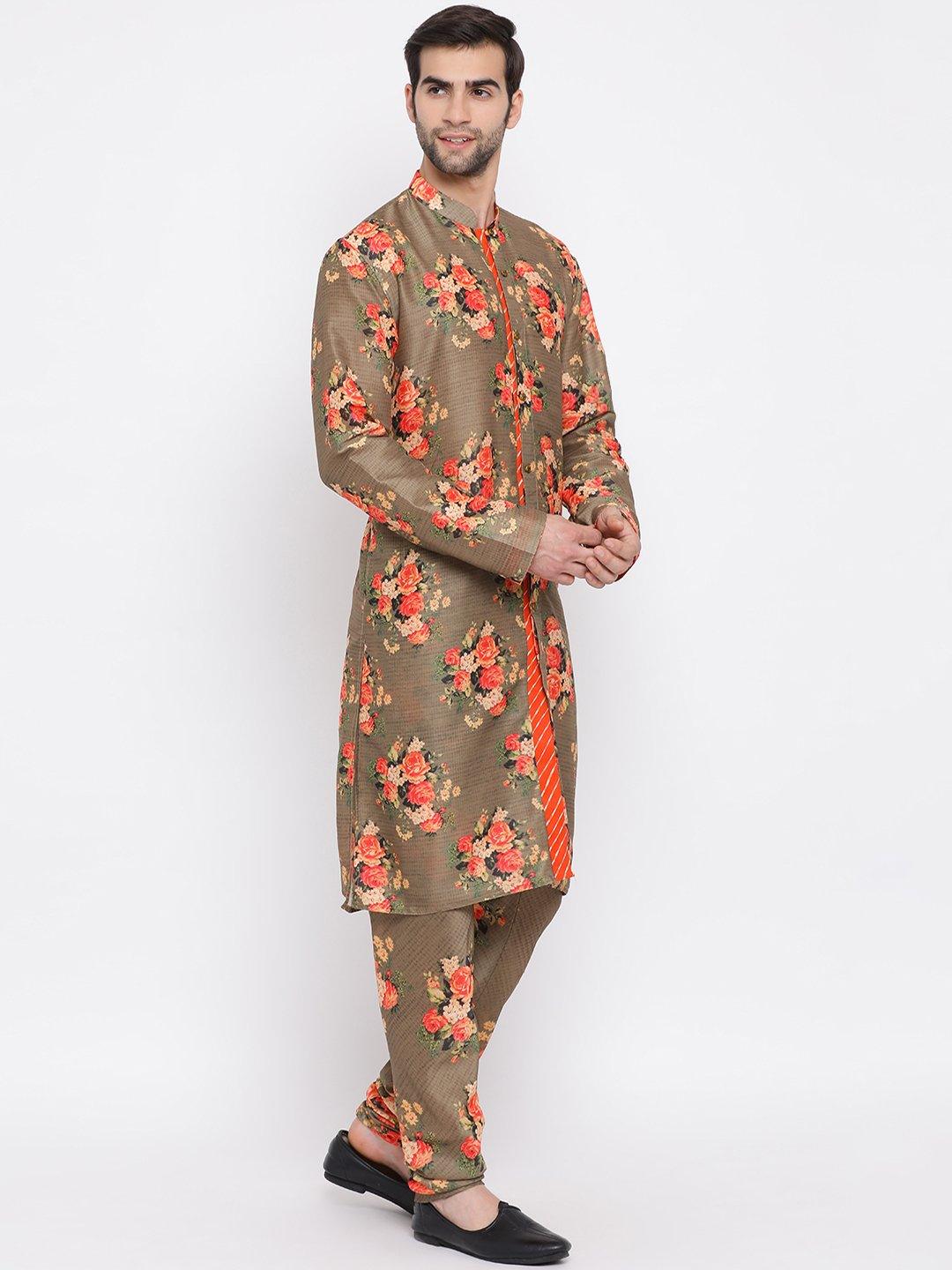 Men's Beige Floral Printed Kurta Pyjama Set With Leharia Border - Vastramay - Indiakreations