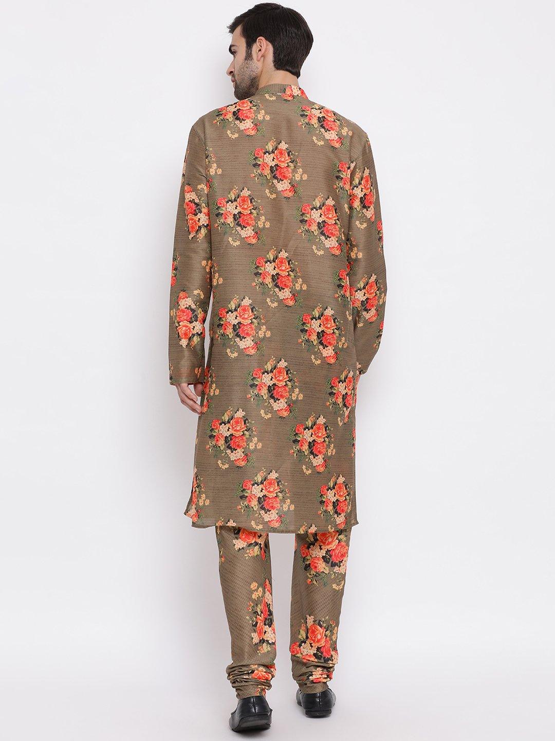 Men's Beige Floral Printed Kurta Pyjama Set With Leharia Border - Vastramay - Indiakreations