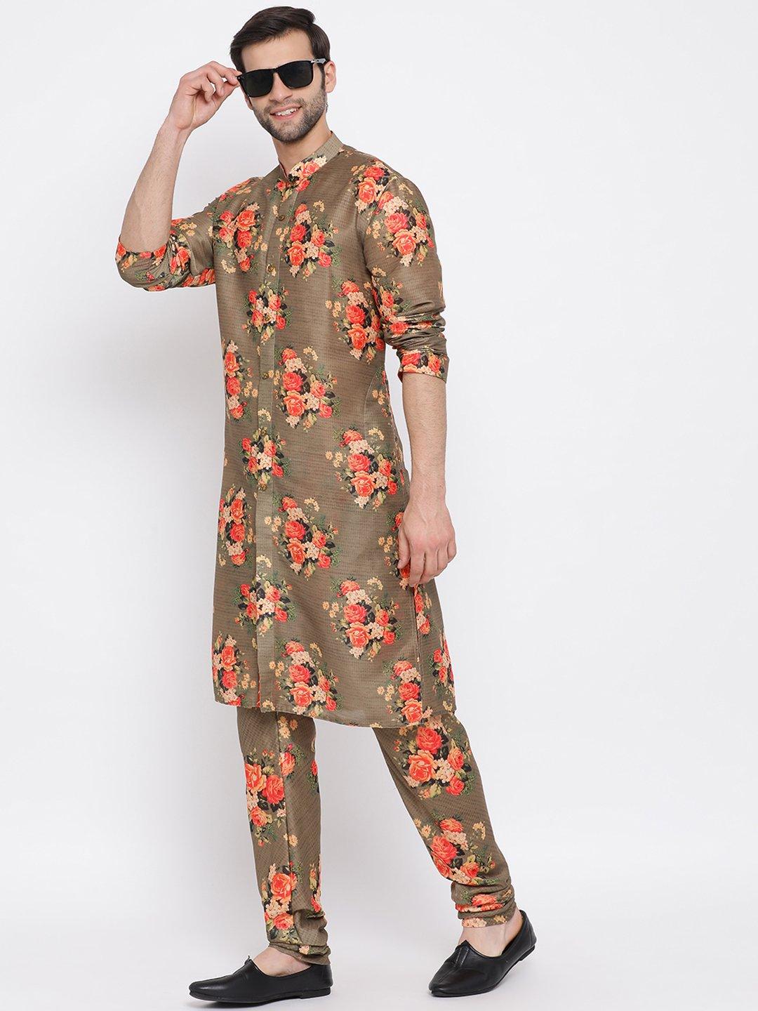 Men's Beige Floral Printed Kurta Pyjama Set With Leharia Border - Vastramay - Indiakreations