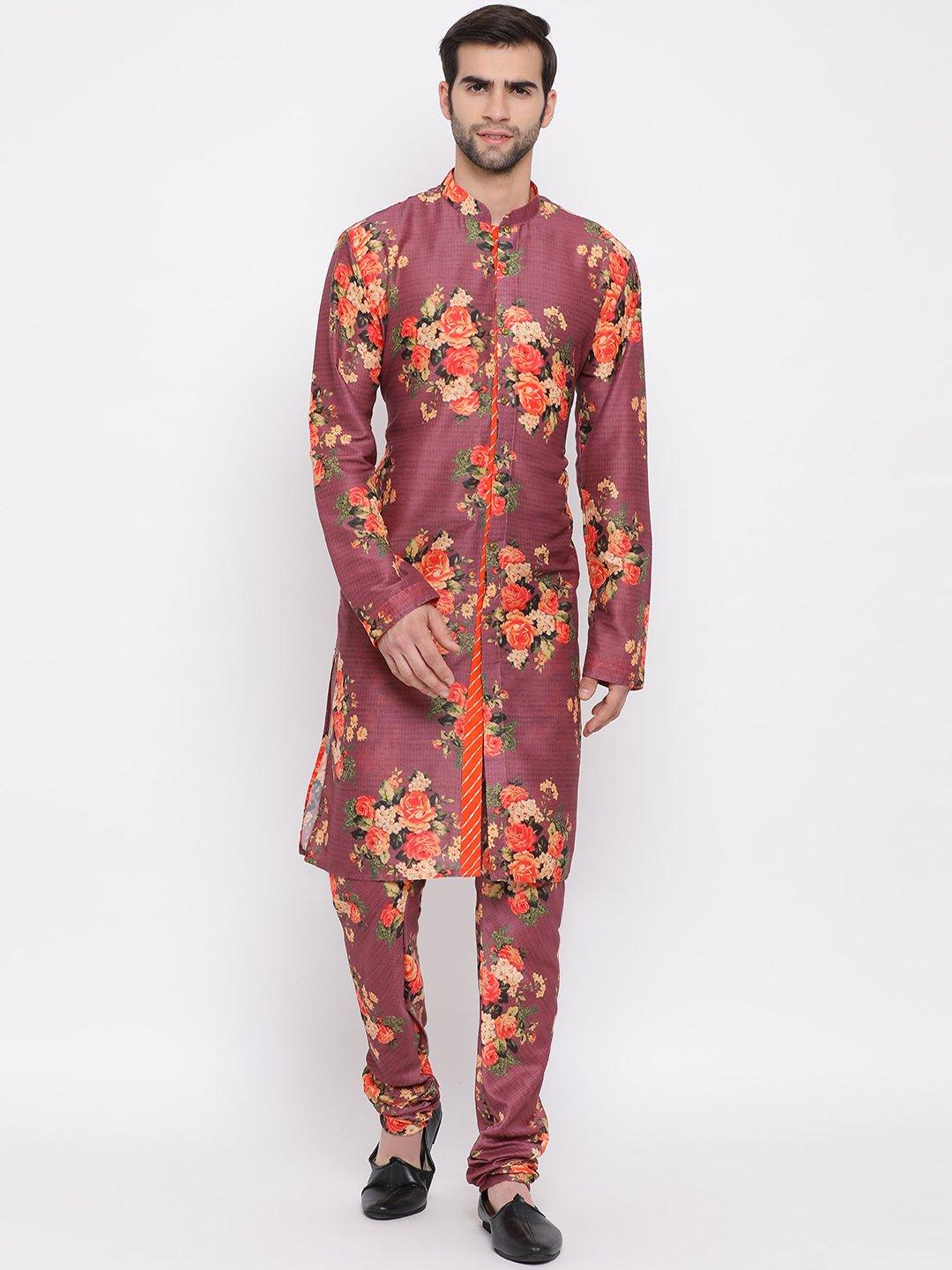 Men's Wine Floral Printed Kurta Pyjama Set With Leharia Border - Vastramay - Indiakreations