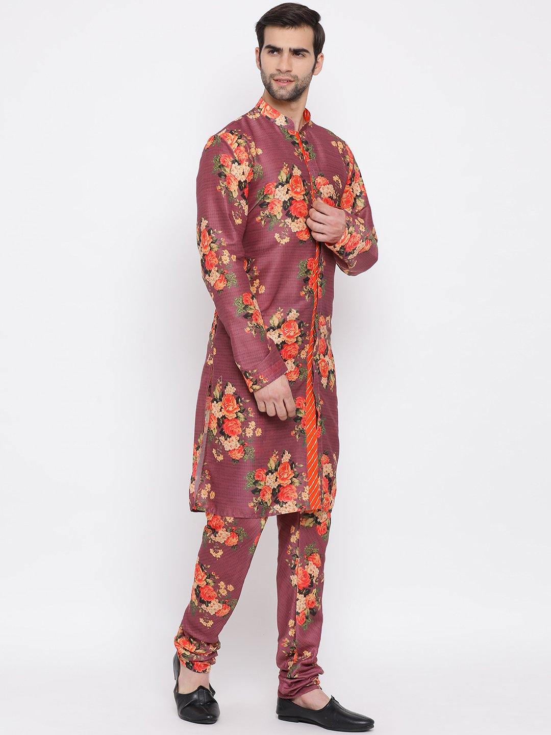 Men's Wine Floral Printed Kurta Pyjama Set With Leharia Border - Vastramay - Indiakreations