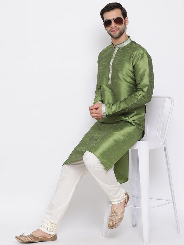 Men's Green Silk Kurta Pyjama Set - Vastramay - Indiakreations