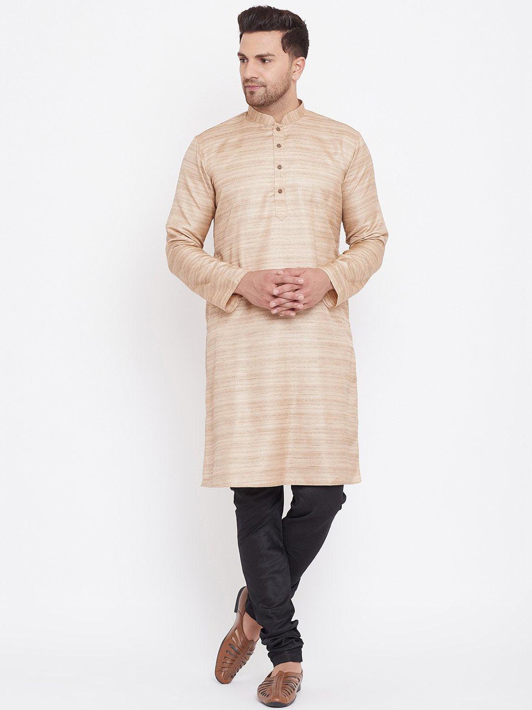 Men's Beige And Black Silk Blend Kurta Pyjama Set - Vastramay - Indiakreations