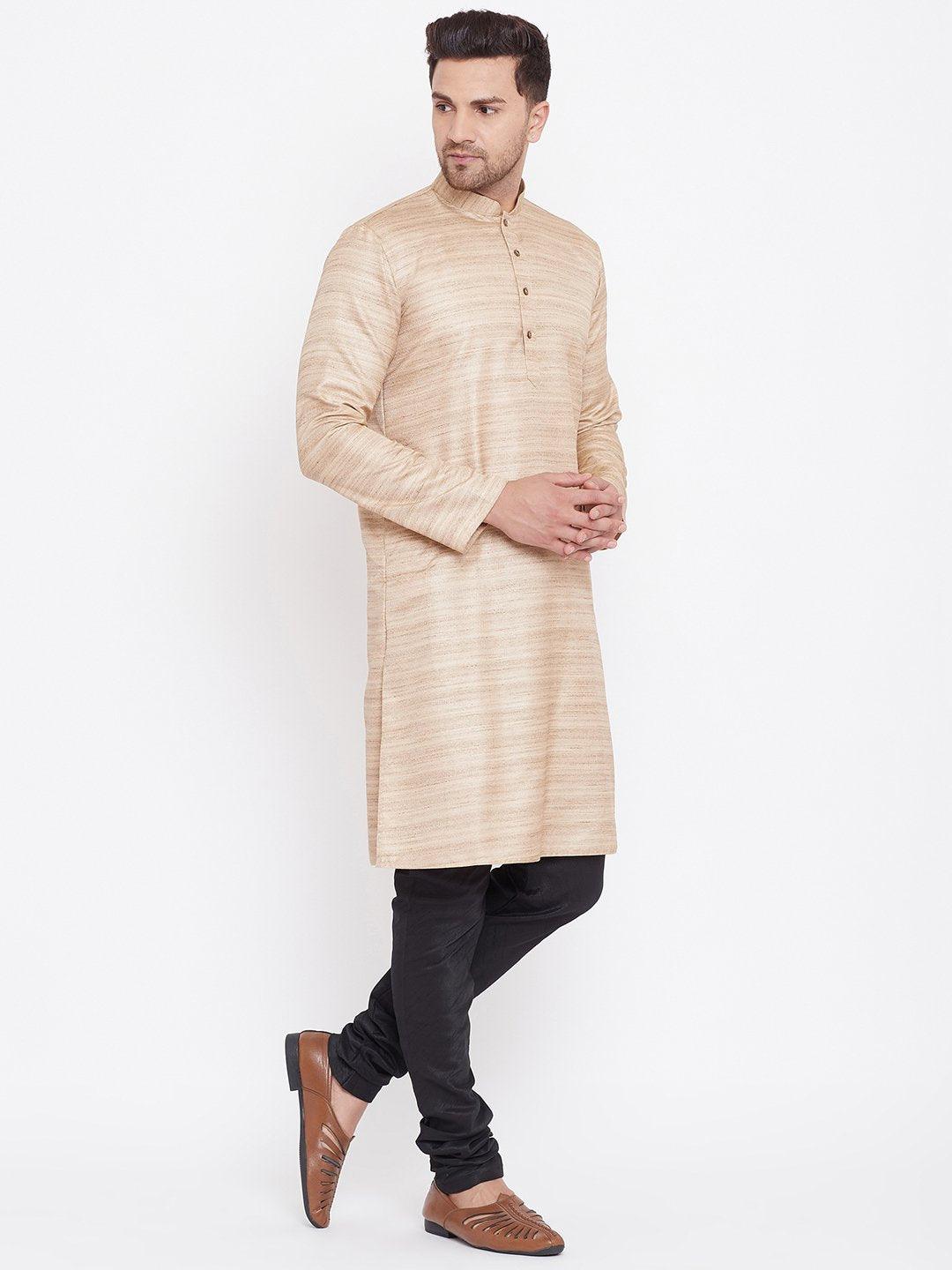 Men's Beige And Black Silk Blend Kurta Pyjama Set - Vastramay - Indiakreations