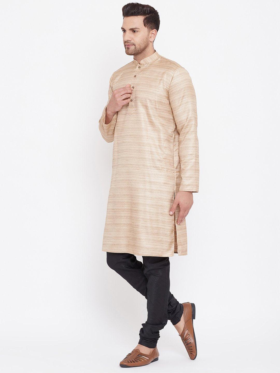 Men's Beige And Black Silk Blend Kurta Pyjama Set - Vastramay - Indiakreations