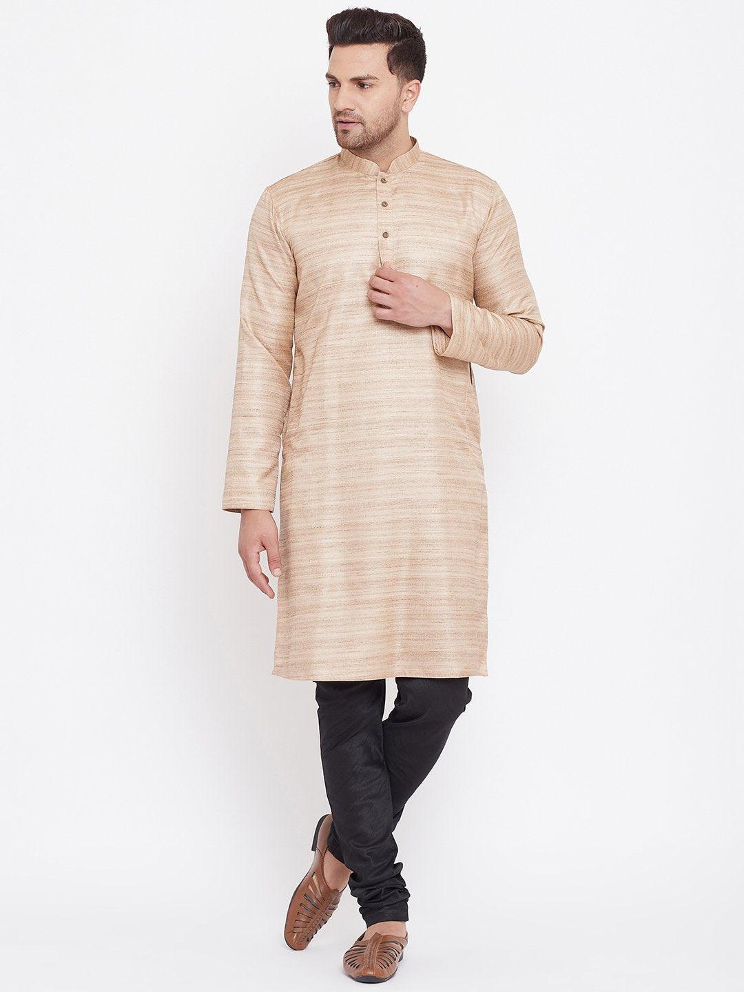 Men's Beige And Black Silk Blend Kurta Pyjama Set - Vastramay - Indiakreations