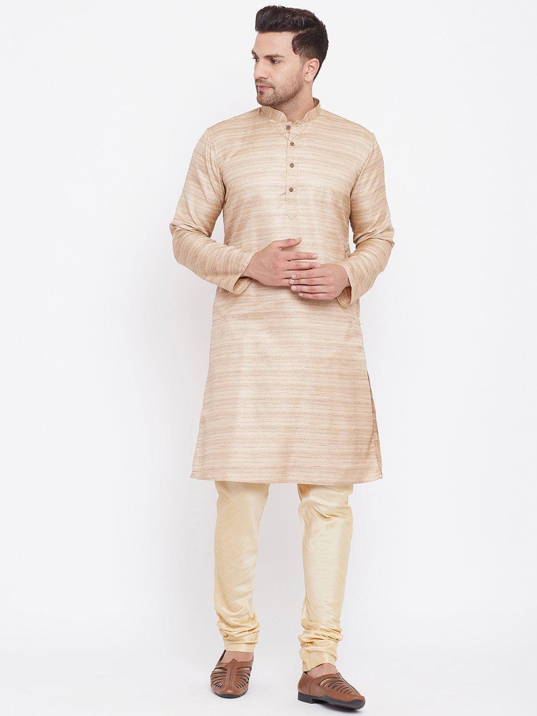 Men's Beige And Gold Silk Blend Kurta Pyjama Set - Vastramay - Indiakreations