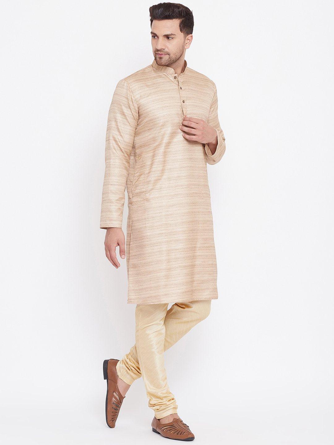 Men's Beige And Gold Silk Blend Kurta Pyjama Set - Vastramay - Indiakreations