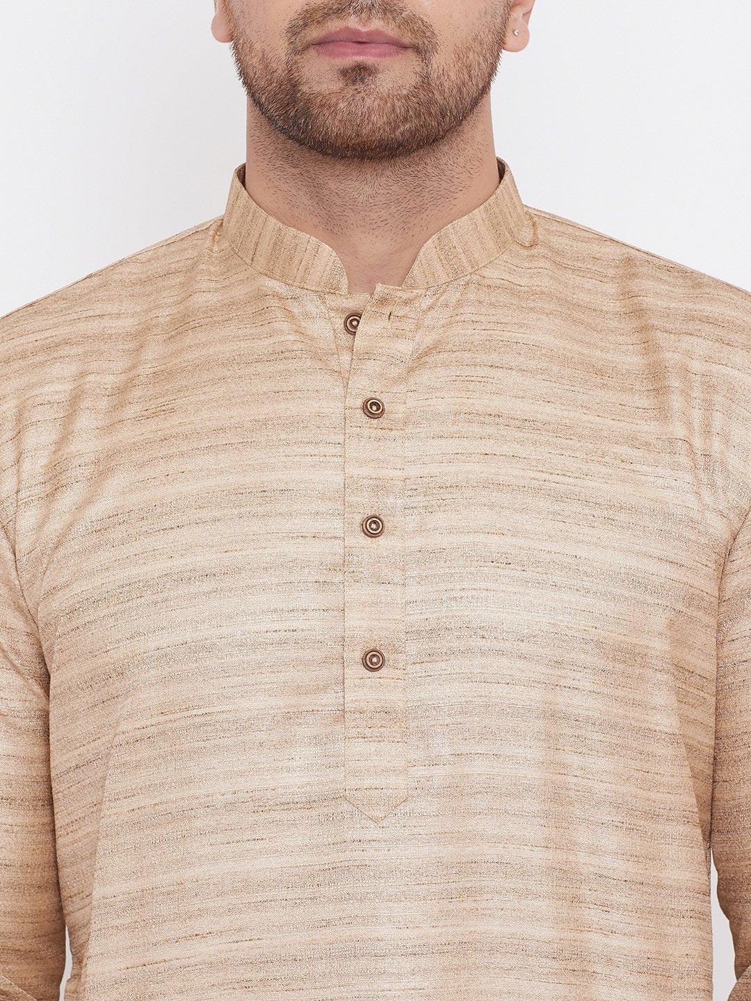 Men's Beige And Gold Silk Blend Kurta Pyjama Set - Vastramay - Indiakreations