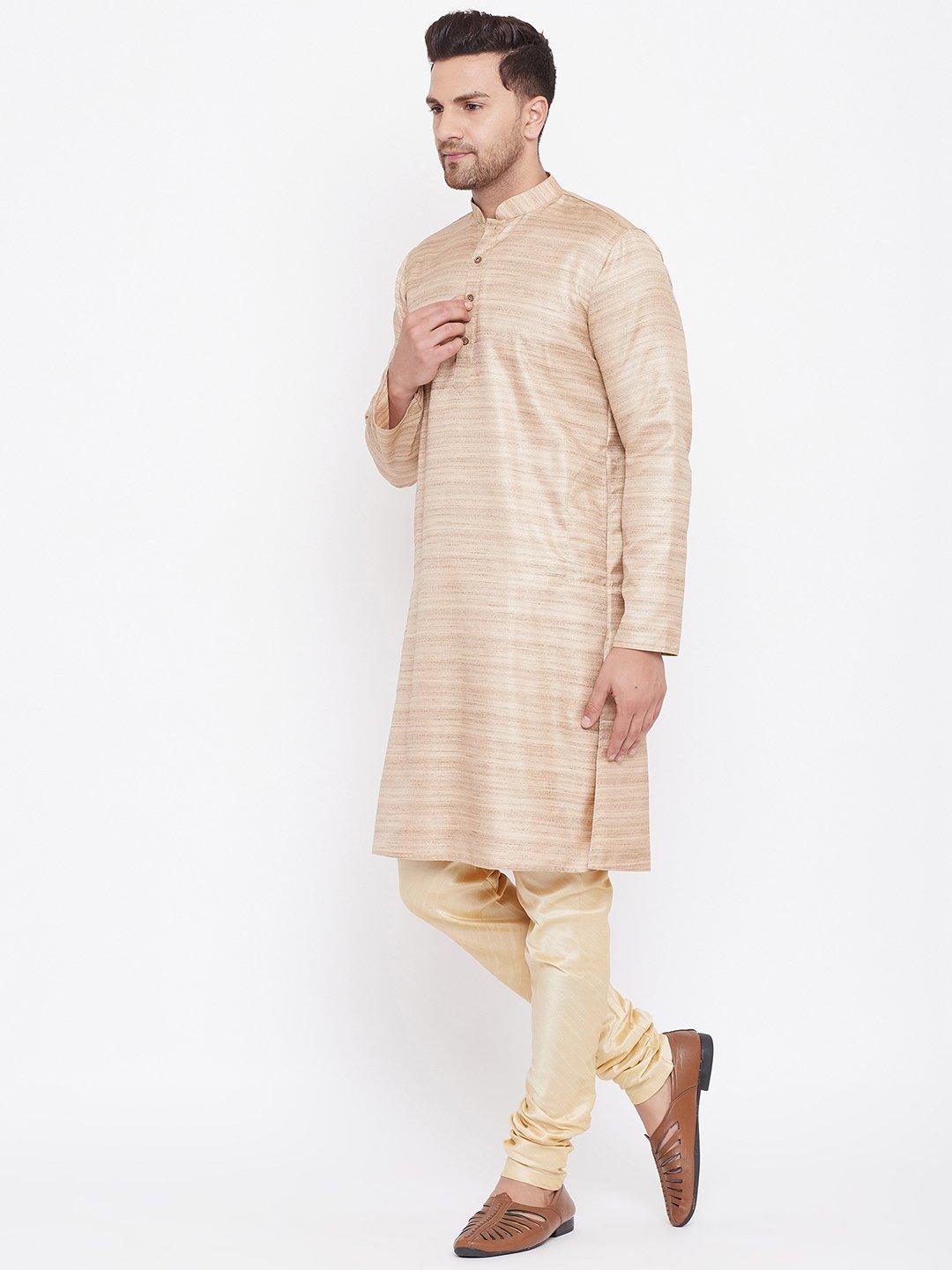 Men's Beige And Gold Silk Blend Kurta Pyjama Set - Vastramay - Indiakreations