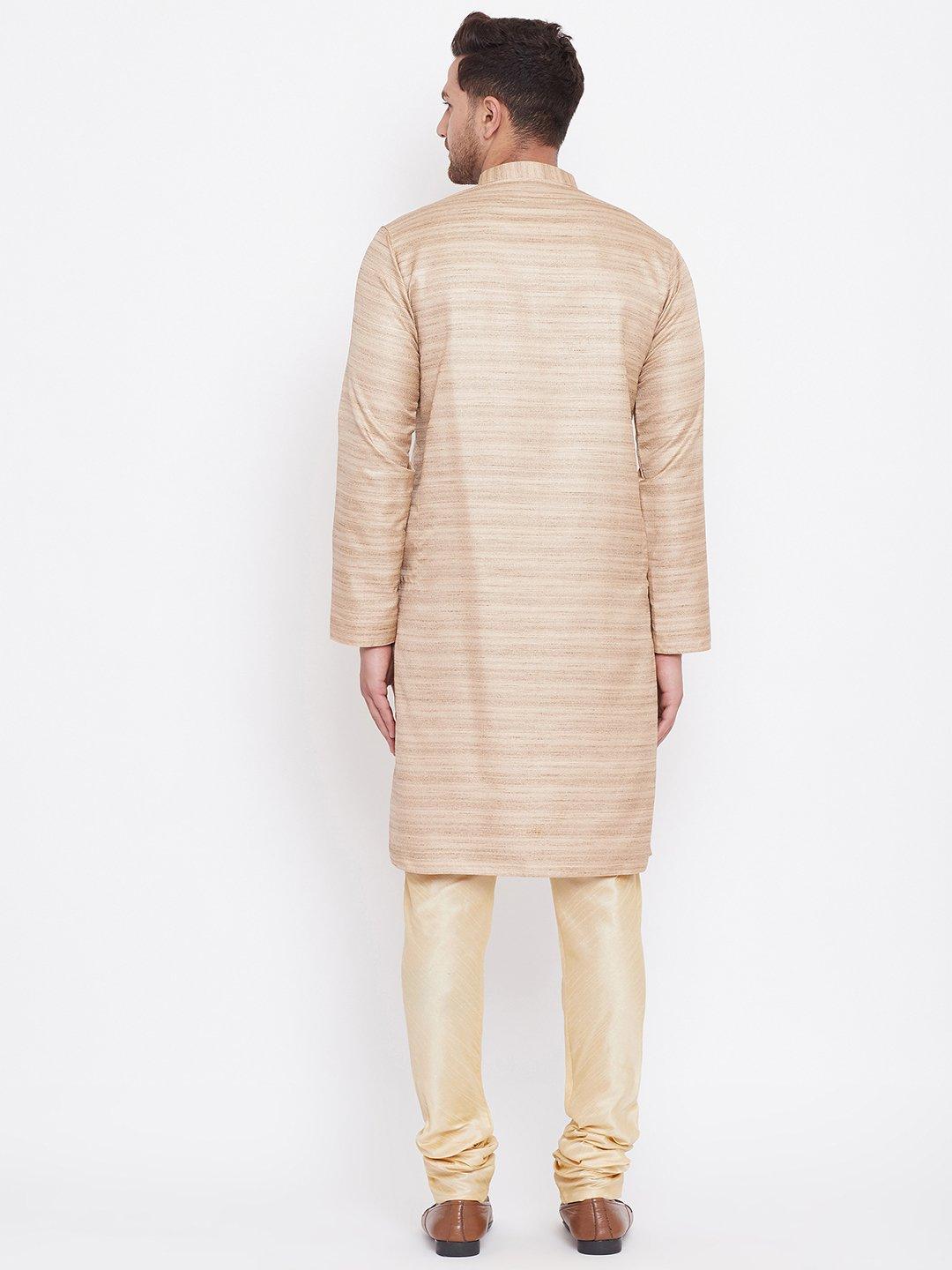 Men's Beige And Gold Silk Blend Kurta Pyjama Set - Vastramay - Indiakreations