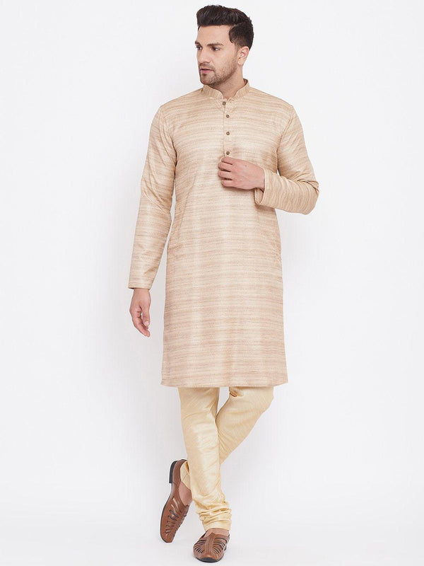 Men's Beige And Gold Silk Blend Kurta Pyjama Set - Vastramay - Indiakreations
