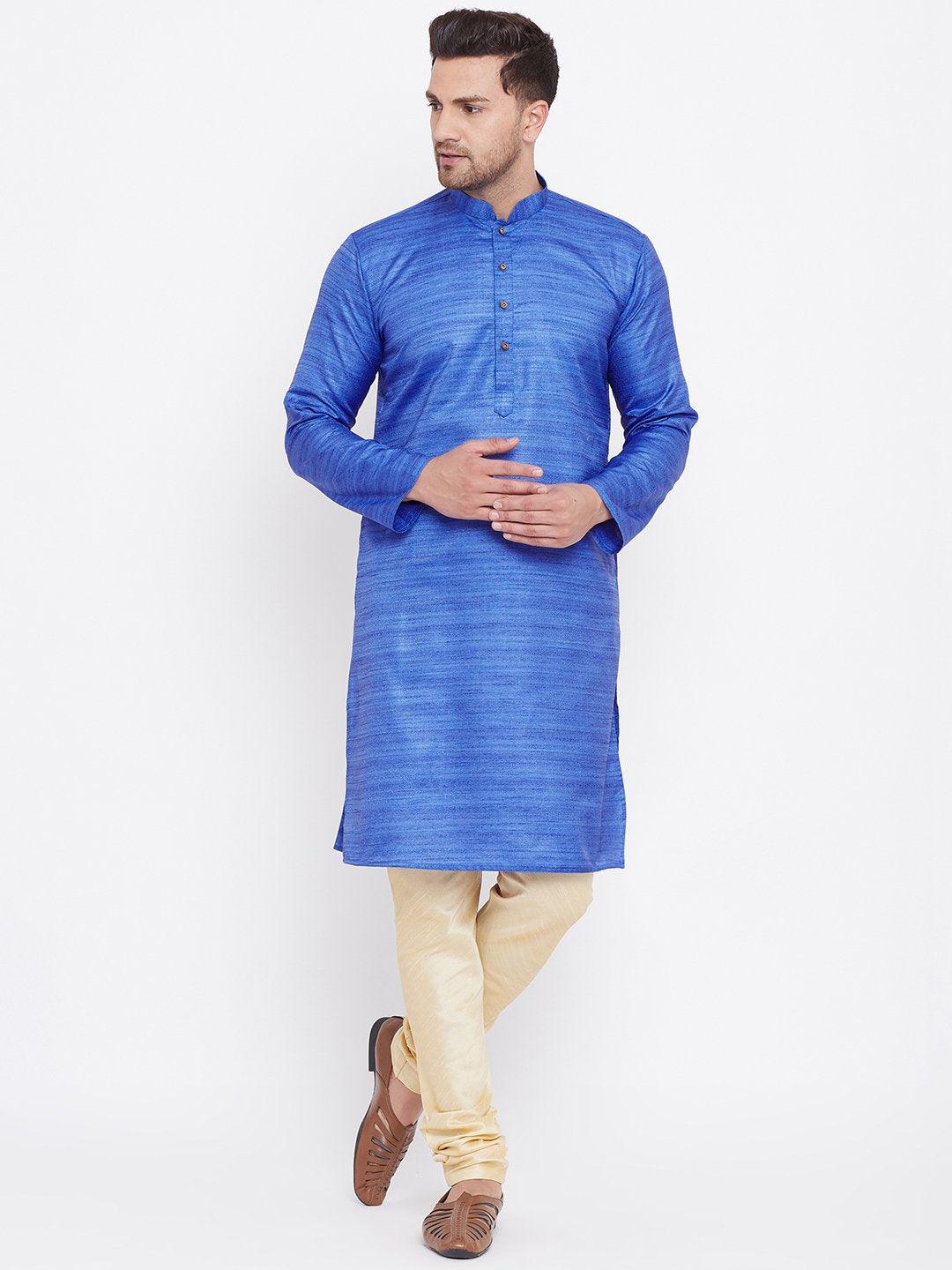Men's Blue And Gold Silk Blend Kurta Pyjama Set - Vastramay - Indiakreations