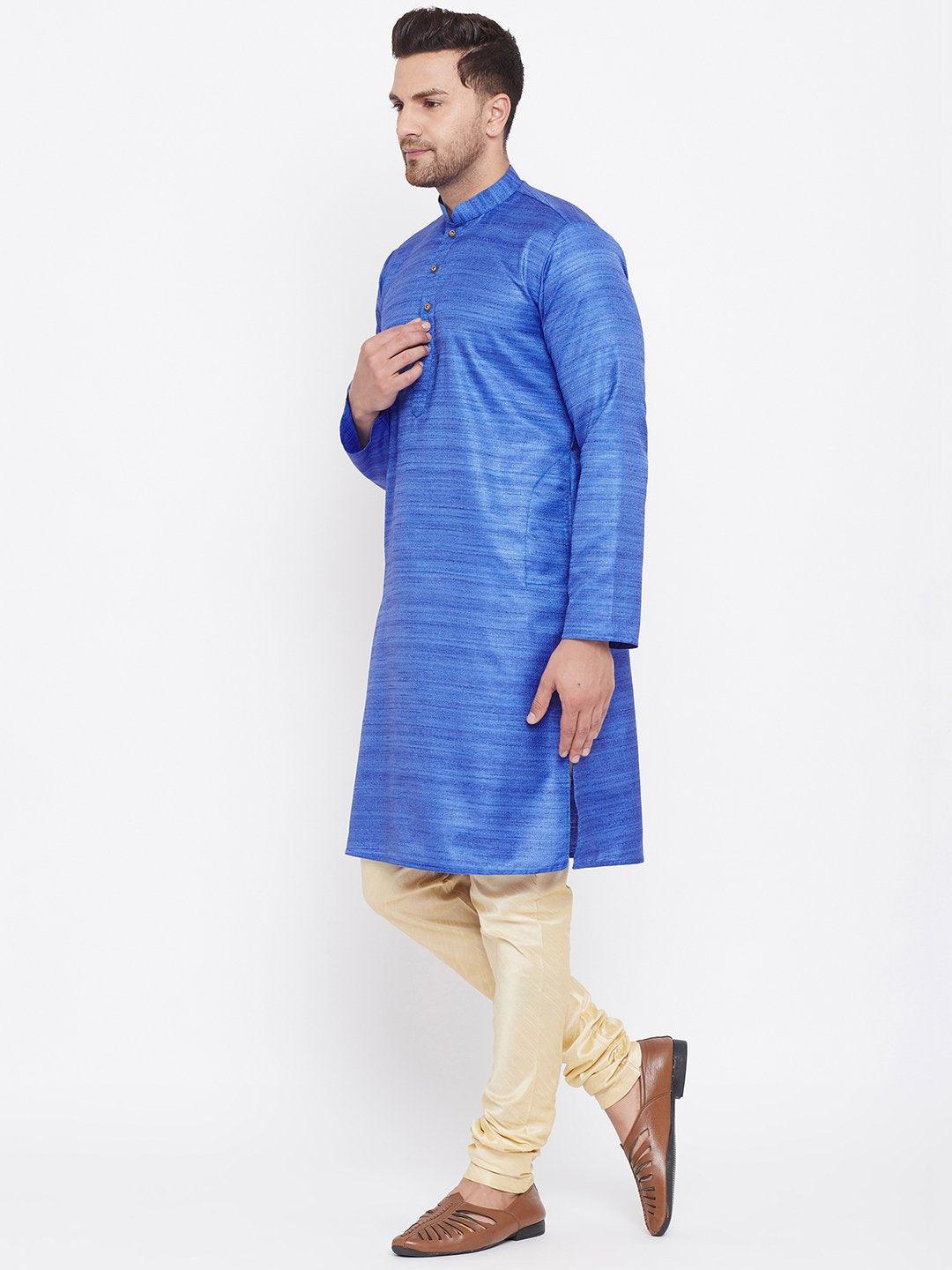 Men's Blue And Gold Silk Blend Kurta Pyjama Set - Vastramay - Indiakreations
