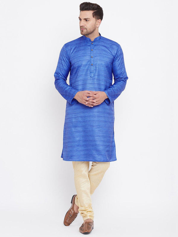 Men's Blue And Gold Silk Blend Kurta Pyjama Set - Vastramay - Indiakreations