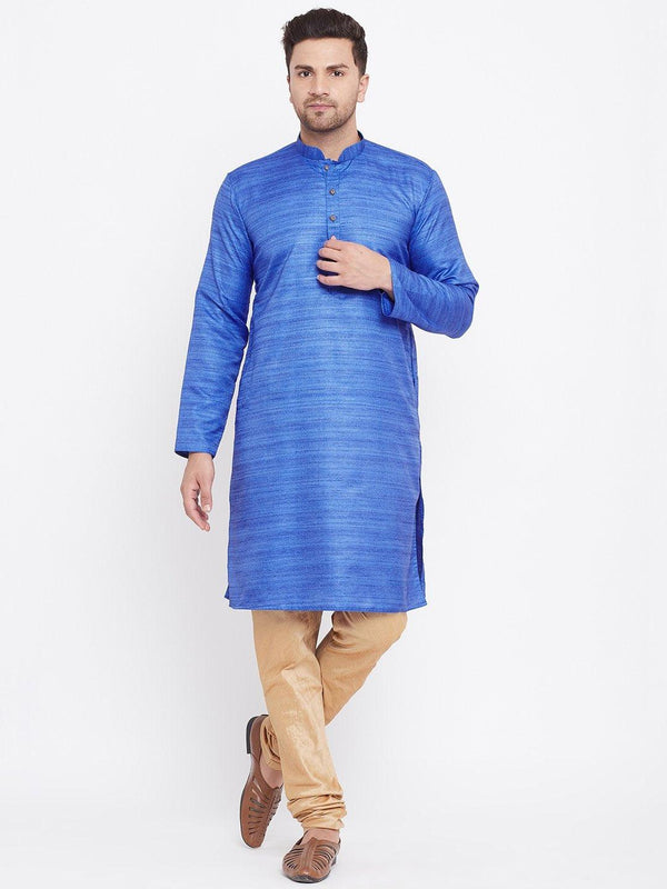 Men's Blue And Rose Gold Silk Blend Kurta Pyjama Set - Vastramay - Indiakreations