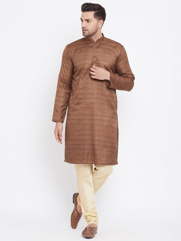 Men's Coffee Brown And Gold Silk Blend Kurta Pyjama Set - Vastramay - Indiakreations