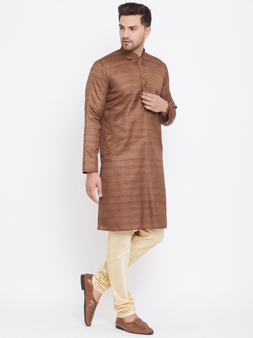 Men's Coffee Brown And Gold Silk Blend Kurta Pyjama Set - Vastramay - Indiakreations