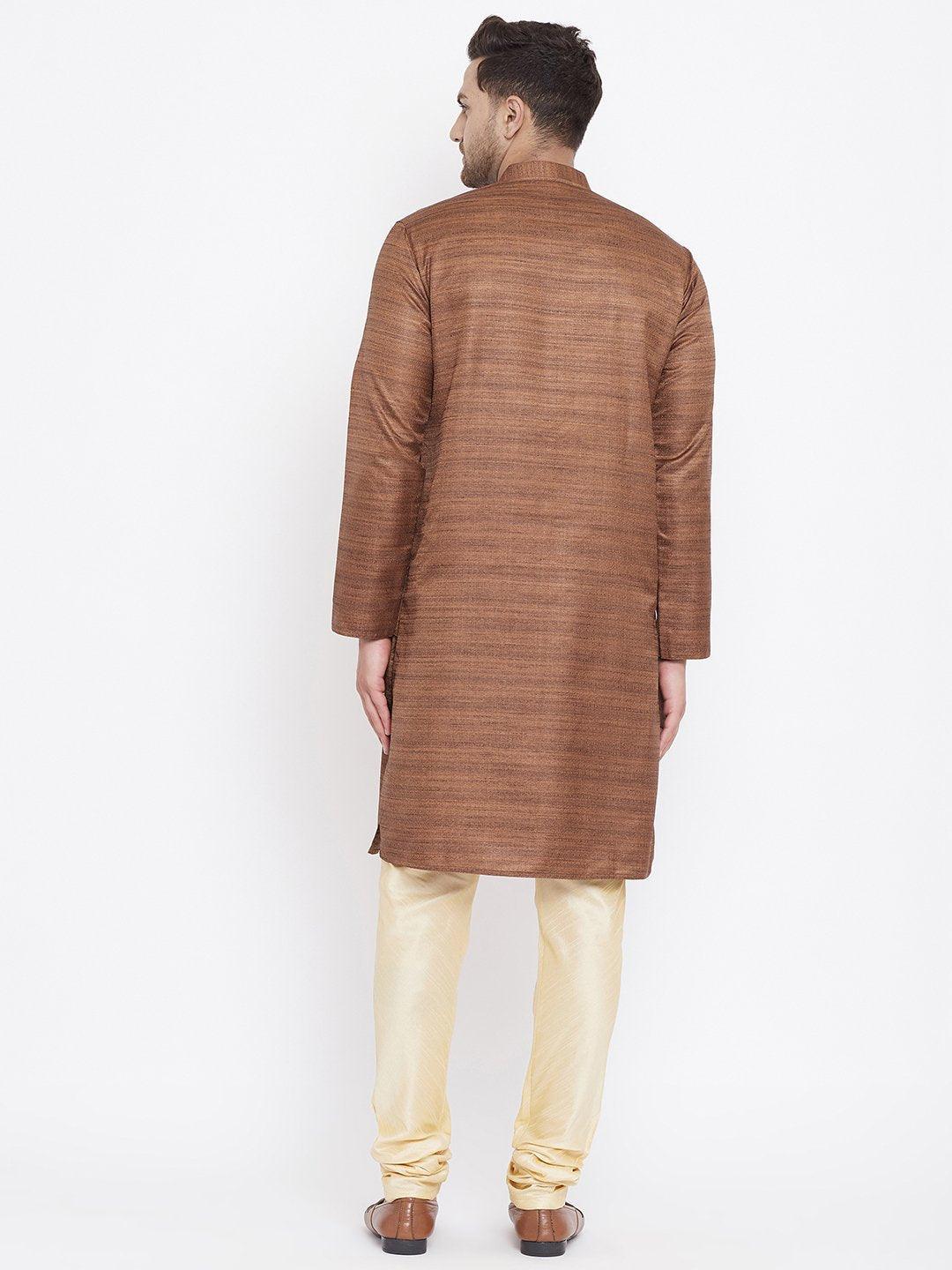 Men's Coffee Brown And Gold Silk Blend Kurta Pyjama Set - Vastramay - Indiakreations