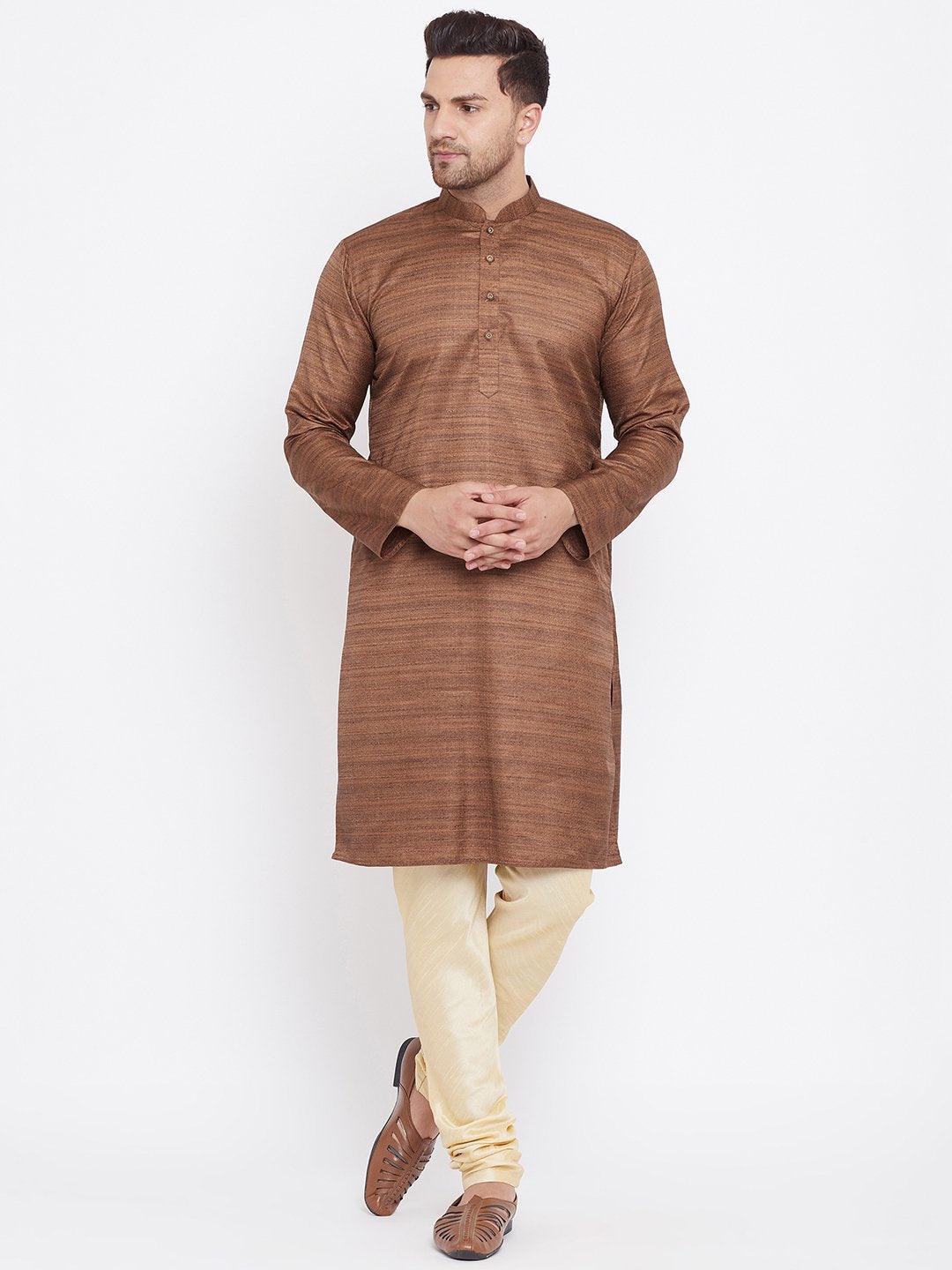 Men's Coffee Brown And Gold Silk Blend Kurta Pyjama Set - Vastramay - Indiakreations