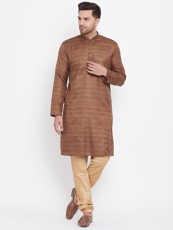 Men's Coffee Brown And Rose Gold Silk Blend Kurta Pyjama Set - Vastramay - Indiakreations